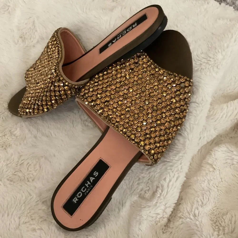 Rochas Crystal Embellished Flat Mule Slides Size 38/7.5 us - Picture 2 of 3